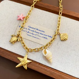 Detailed view of the ocean style titanium steel necklace with cute shell and starfish charms.