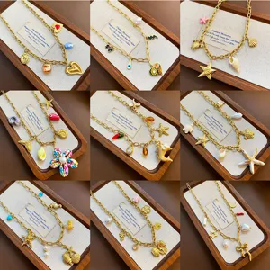 Titanium Steel DIY Ocean Style Drip Oil Pendant Necklace For Women Artificial Pearl Bowknot Conch Starfish Heart Fruit Jewelry