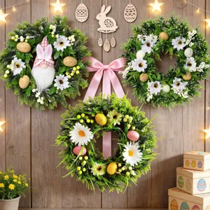Easter Wreath Door Hanging With Bunny Colored Eggs Artificial Greenery Wreath For Spring Party Home Wall Decoration Wreath
