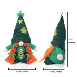 St. Patrick's Day gnome detail view showing green knitted hat, shamrock decor, and exact dimensions.