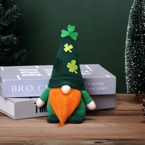 St. Patrick's Day gnome plush doll with green clover knitted hat and orange beard detail.