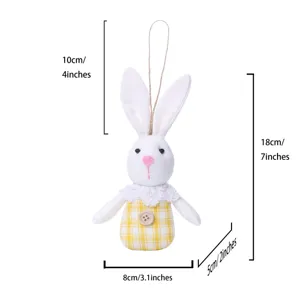 Adorno colgante de peluche de conejo de Pascua vista detallada con dimensiones exactas.