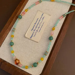 Collier Perles en Pierre Naturelle Néo-Chinois Blocage Couleur Fait Main Chaîne Choker Géométrique Bijoux Cadeau Femmes
