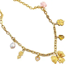 Titanium steel gold-plated multi-charm necklace with pearls, bows, and cute floral pendants.
