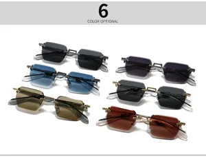 Vue détaillée de lunettes de soleil carrées sans monture avec verres coupés et double pont.