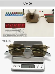 Vue détaillée montrant le test UV400 et la mesure du poids de 31,2g des lunettes sans monture.