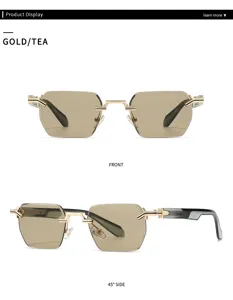 Gros plan détaillé de lunettes de soleil carrées sans monture avec des verres couleur thé.