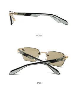 Vue détaillée de lunettes carrées sans monture vintage avec double pont et coupe en métal.