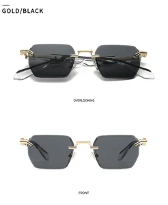 Lunettes de soleil carrees sans monture a double pont vintage en metal coupe pour hommes femmes.
