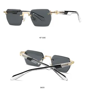 Vue de détail de lunettes de soleil carrées sans monture avec pont double et verres coupés.