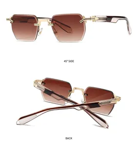 Vue détaillée des lunettes de soleil carrées rétro sans monture verres bruns.