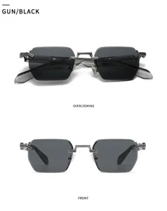 Lunettes de soleil carrées sans monture à double pont, design rétro en métal, gunmetal et noir.