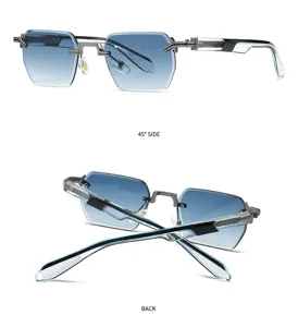 Lunettes de soleil carrées sans monture à double pont rétro en métal coupe-bord pour hommes femmes