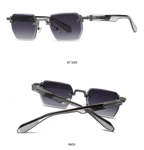 Vue détaillée de lunettes de soleil carrées sans monture avec verres dégradés et métaux.