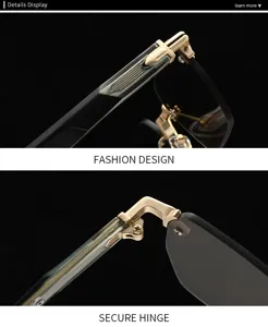 Vue détaillée de lunettes de soleil carrées sans monture avec charnières métalliques et verres.