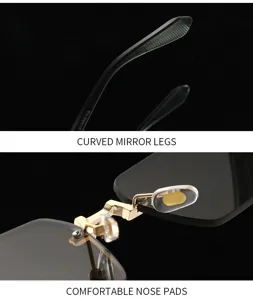 Détails en gros plan de lunettes de soleil carrées sans monture avec plaquettes de nez confortables.
