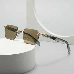 Lunettes de Soleil Carrées Sans Monture Rétro Double Pont Bordure Métallique Femmes Hommes UV400 Mode