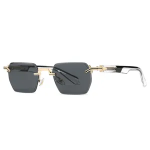 Lunettes de soleil carrées sans monture vintage pour hommes et femmes avec double pont doré.