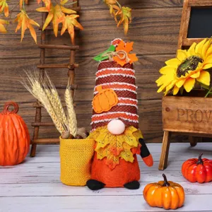 Thanksgiving plush gnome detail featuring autumn harvest pumpkin and maple leaf decorations.