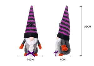 Αποκριάτικη κούκλα νάνος Halloween με ριγέ καπέλο και αράχνη διακόσμηση γιορτής 32cm