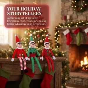 Set von 3 beweglichen Weihnachtselfen Puppen sitzend auf Kaminsims festliche Dekoration.