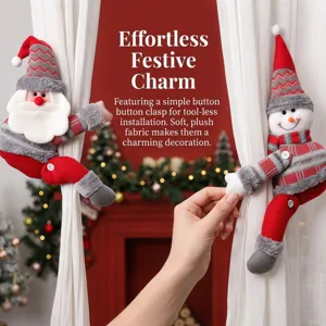 Christmas curtain tiebacks, cute plush Santa and snowman holders for holiday home decor.