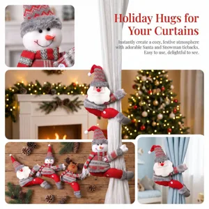 Christmas curtain tiebacks, cute plush Santa and snowman doll holders for holiday home decor.