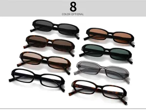 Detailansicht der Retro schmalen Sonnenbrille mit verschiedenen Farboptionen und Gestellen.