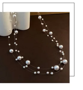 Meerlaagse zwevende parelketting onzichtbare vislijn choker delicaat sieraad mooi