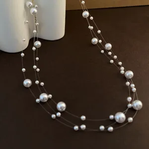 Mode Kunstparel Halsketting Gelaagde Illusie Vislijn Choker Zwevende Halskettingen Sieraden Cadeau Voor Vrouwen