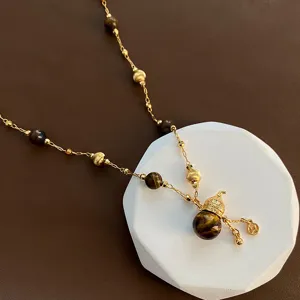 Tigerauge Perlenkette mit goldenem Kürbis Anhänger, Vintage Maillard Stil Damenschmuck.