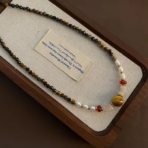 Retro Tigerauge Perlen Halskette Perle Rosenquarz Schlüsselbeinkette Schmuck Detailansicht