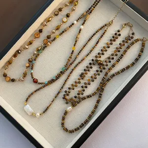 Vintage Tigerauge Perlenkette Für Damen Herbst Winter Maillard-Stil Schlüsselbeinkette Vergoldeter Titanstahl Strass Anhänger Halskette Mode Retro Schmuck Geschenk