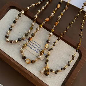 Retro Tigerauge Perlen Halskette Herbst Winter Maillard Stil Schluesselbeinkette Schmuck Damen