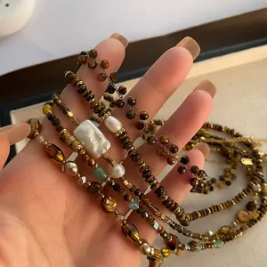 Tigerauge Perlenkette retro mehrschichtige Kette Damen Herbst modisch eleganter Schmuck