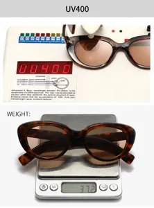 Tortoiseshell cat-eye sunglasses detail shot, UV400 protection test and weight display.