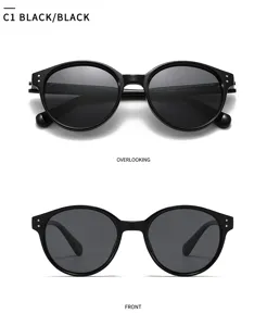 Détails de lunettes de soleil polarisées rondes noires montrant des vues de face et du dessus.