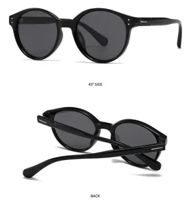 Gros plan sur les détails des lunettes de soleil polarisées rondes noires sous divers angles.