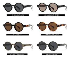 Vue détaillée de lunettes de soleil rondes classiques présentant six variantes de couleur.