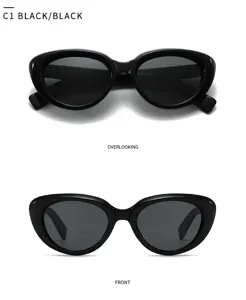 Black cat eye sunglasses detail view showing front and top angles, stylish street fashion.