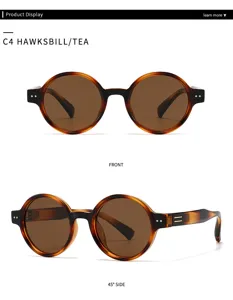 Vue détaillée de lunettes de soleil polarisées rétro rondes écaille, élégantes et stylées.