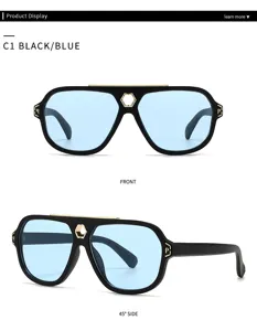 Detailansicht der Piloten-Sonnenbrille mit schwarzem Rahmen, hellblauen Gläsern und goldenem Steg.