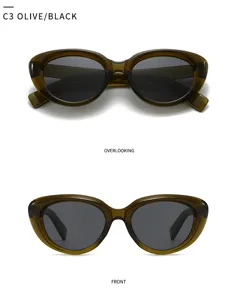 Stylish cat-eye sunglasses with olive black frame and dark lenses, top and front view details.