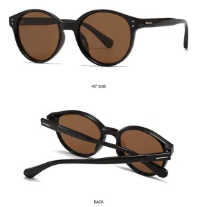 Vue détaillée de lunettes de soleil rondes noires avec verres marrons et accents métalliques.