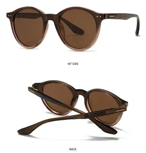 Vue détaillée de lunettes de soleil polarisées rondes marron pour hommes et femmes, anti-UV.
