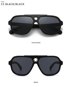 Detailansicht der schwarzen Sonnenbrille mit Sechskantsteg und moderner Retro-Optik.