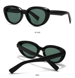 Trendy black cat eye sunglasses with dark green lenses, stylish street fashion eyewear.