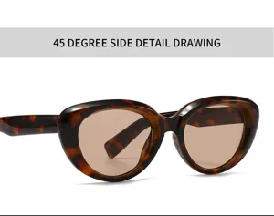 Detailed view of trendy cat eye sunglasses featuring stylish tortoise shell frame and brown lenses.