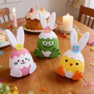 Ensemble de peluches œufs de Pâques avec lapin mignon et poussin pour déco de fête.