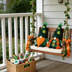 St. Patrick's Day Irish gnome couple dolls, green knit hat shamrock plush decor for party.